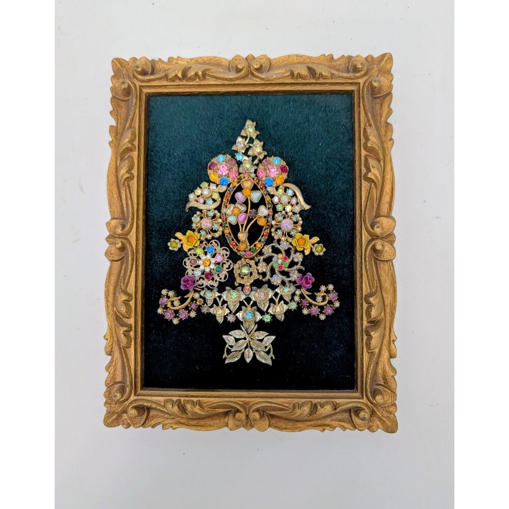 Brooch Rhinestone Jewelry Art Christmas Tree Decor Hand Made Ornate Gold Frame